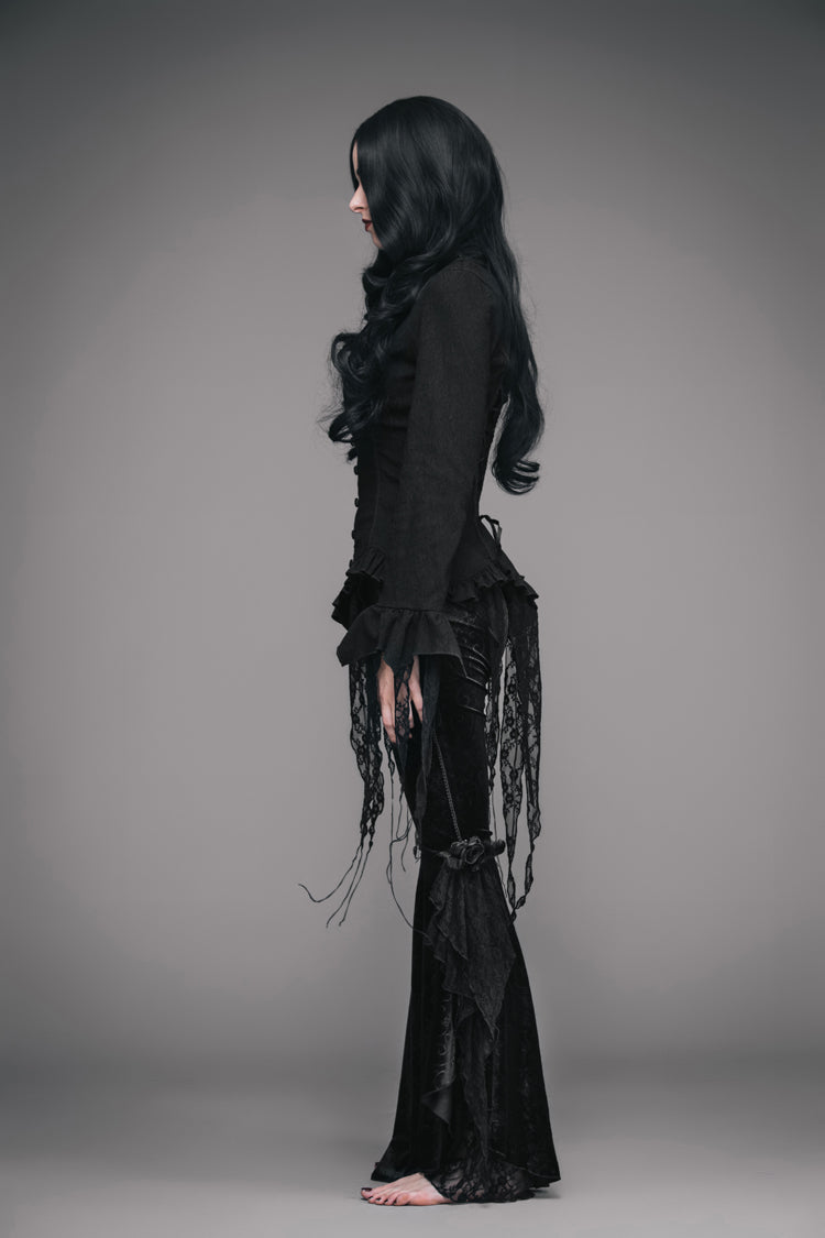 Black Retro Slim Deep V-Neck Tassel Long Sleeve Punk Blouse
