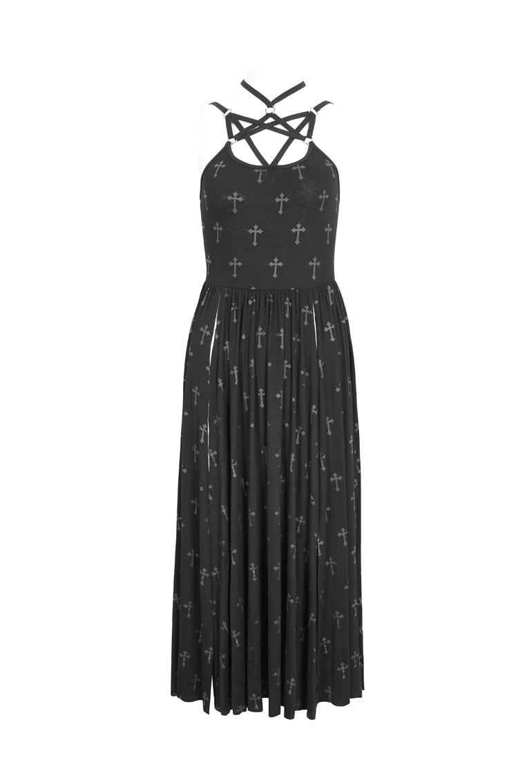 Black Print Strappy Split Womens Gothic Dress