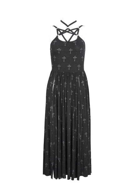 Black Print Strappy Split Womens Gothic Dress