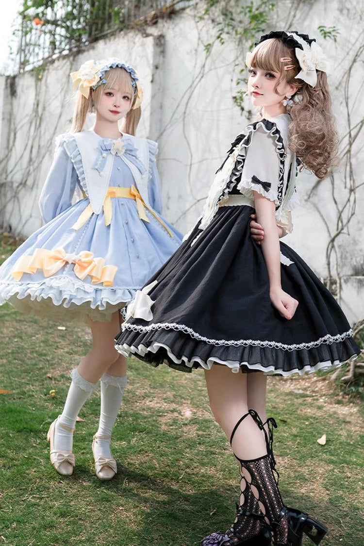 Black Sleeping Star Short Sleeves Ruffle Bowknot Lace Stitching Sweet Lolita Dress