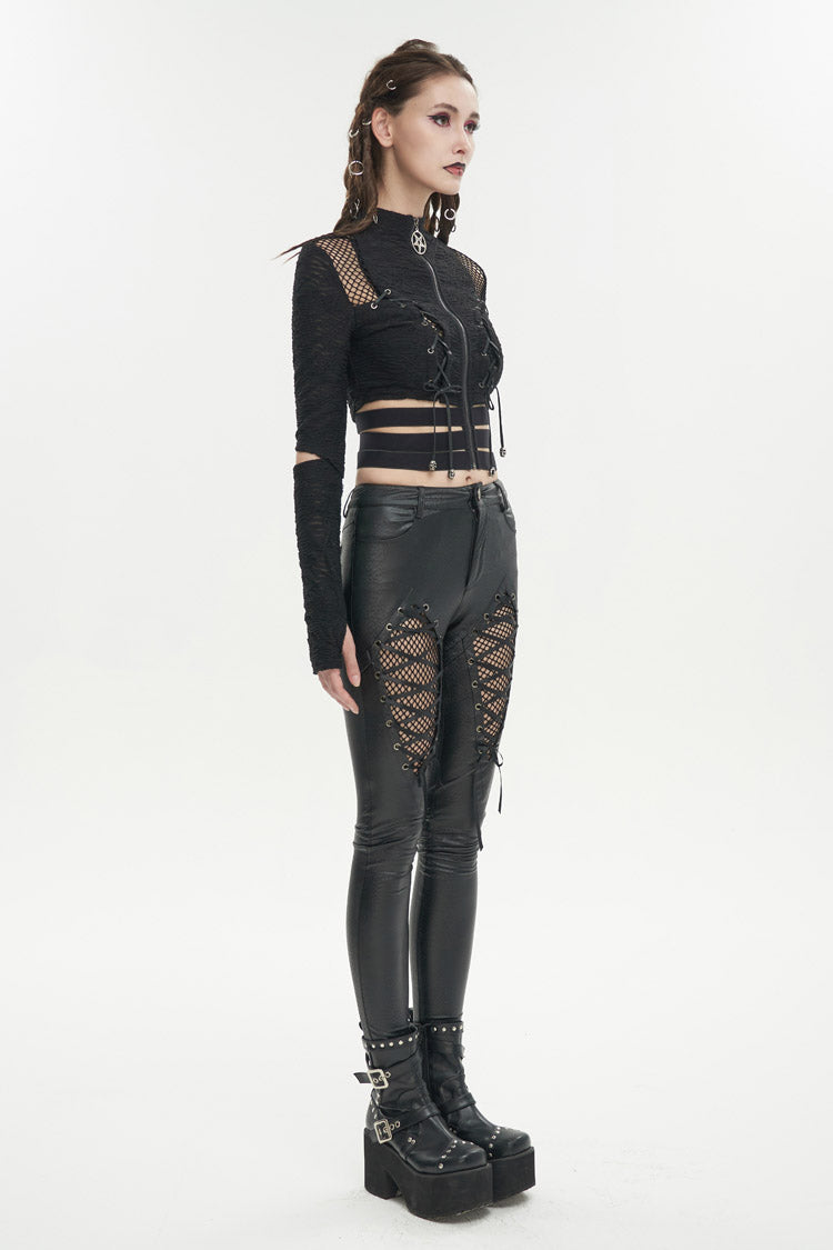 Black Ruched Strap Splice Mesh Long Sleeves Women's Gothic Shirt