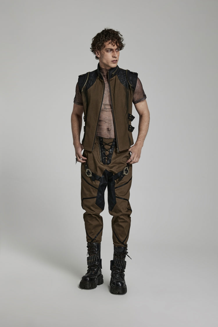 Brown Stand Collar Side Waist Webbing Decorative Stitching Mens Steampunk Vest