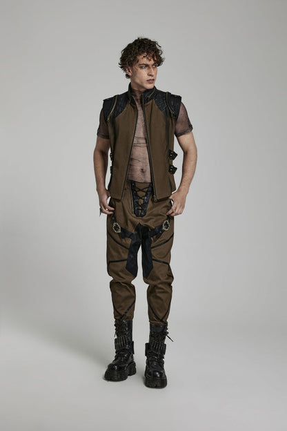 Brown Stand Collar Side Waist Webbing Decorative Stitching Mens Steampunk Vest