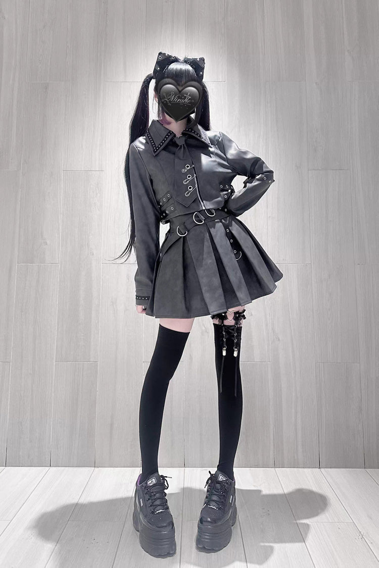 Black [Eternal Night of Bones] Lapel Collar Long Sleeves Studded Eyelet Gothic Jirai Kei Japanese Handsome Top and Skirt Set