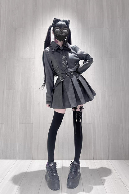 Black [Eternal Night of Bones] Lapel Collar Long Sleeves Studded Eyelet Gothic Jirai Kei Japanese Handsome Top and Skirt Set