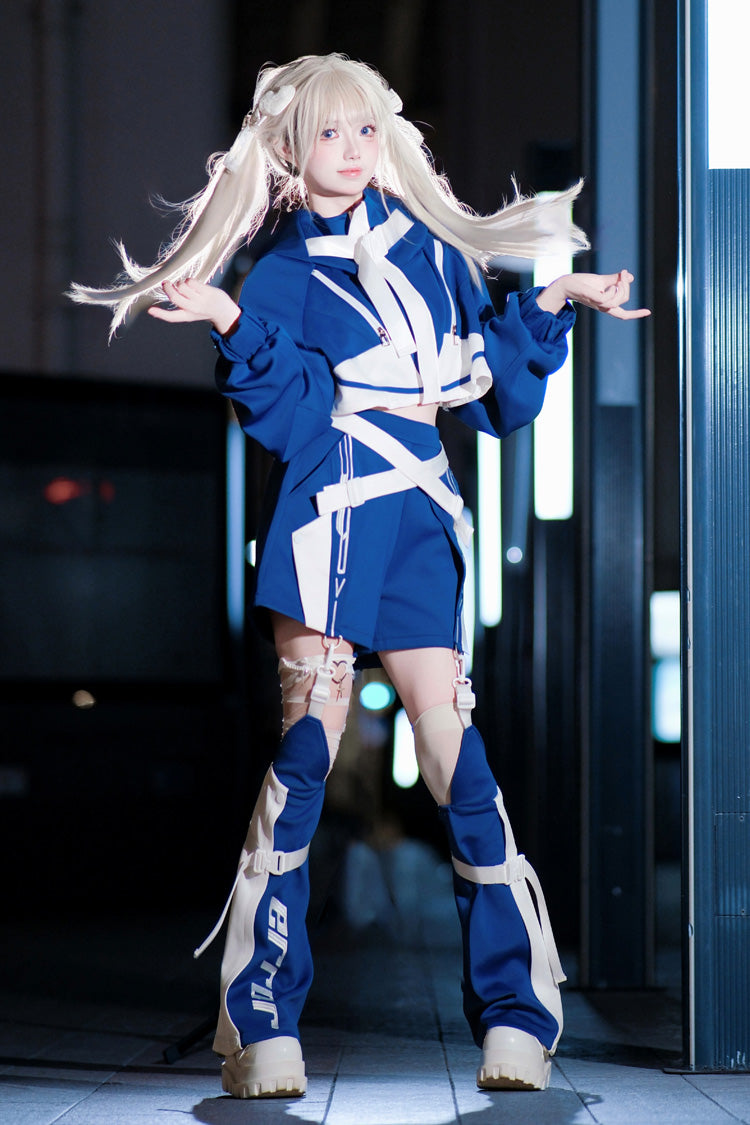White/Blue [Zero-Type Transformation] Techwear Long Sleeves Embroidered Hooded Punk Jirai Kei Shorts Coat Set