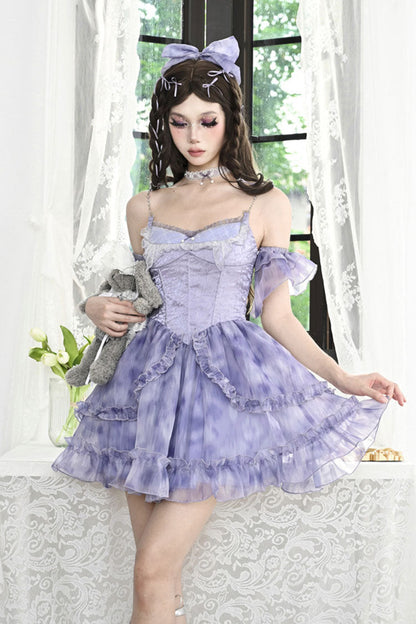 Blue Ruffle Lace Tie-dyed Print Fake Two Pieces Sweet Princess Jsk Dress