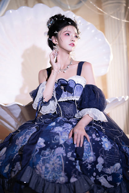 Blue [Deep Sea Jellyfish] Print Ruffle Lace Sweet Elegant Lolita Jsk Dress