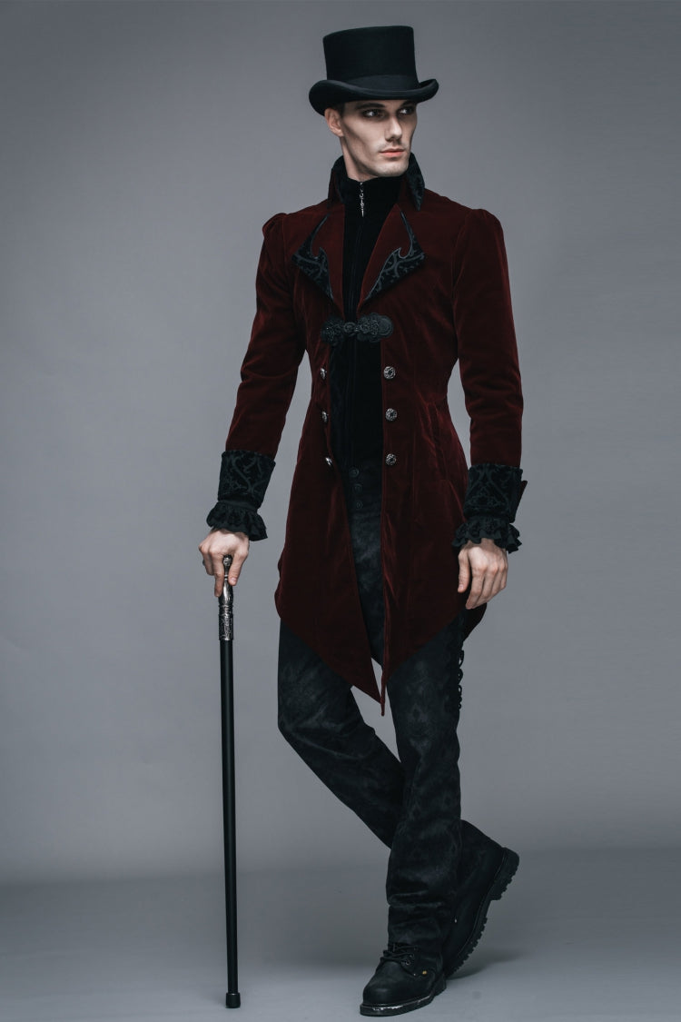 Wine Formal Party Turn Down Collar Long Sleeves Mens Gothic Swallowtail Coat