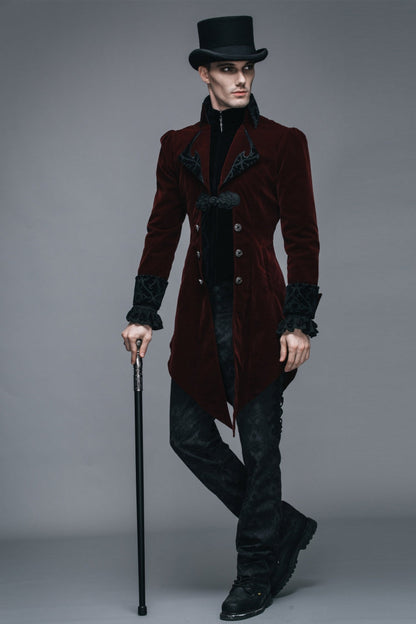 Wine Formal Party Turn Down Collar Long Sleeves Mens Gothic Swallowtail Coat