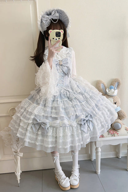 Blue [Dream Prologue] Doll Multi-Layered Bowknot Lace Sweet Princess Lolita Dress