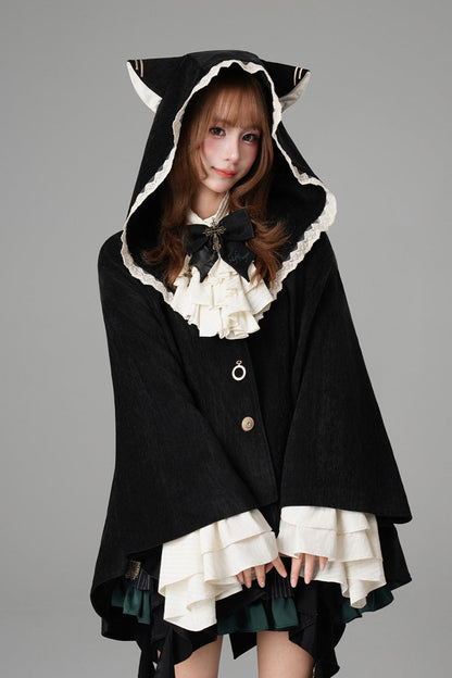 Black [Clock of Reincarnation Cycles] Cat Ears Magic Hooded Sweet Lolita Coat Cloak