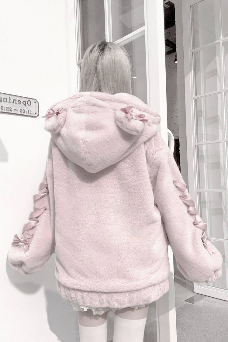 [Sleepy Bear Fluffy] Bear Ears Long Sleeves Bow Lace-Up Hooded Zippered Sweet Jirai Kei Japanese Coat