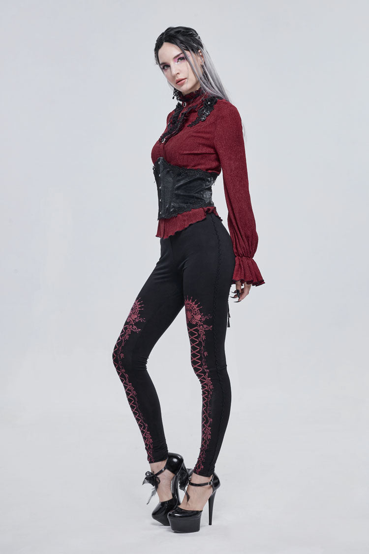 Black/Red Printed Decoration Tie Rope Elasticity Women's Gothic Leggings