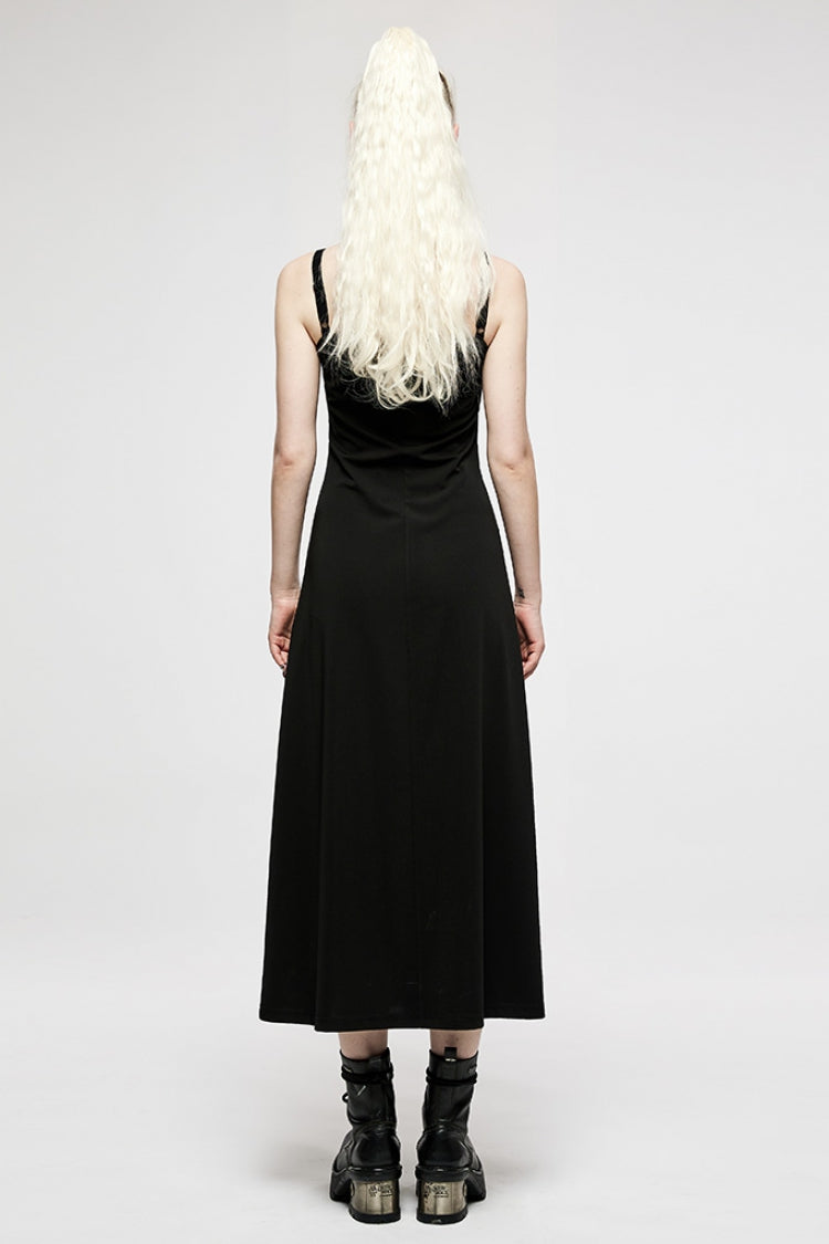 Black Slim Women's Metal Button Side Slit Maxi Slip Punk Dress