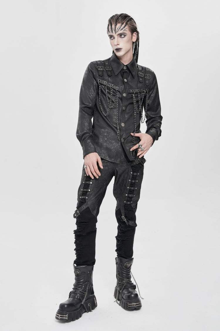 Black Ripped Buckle Straps Men's Punk Pants