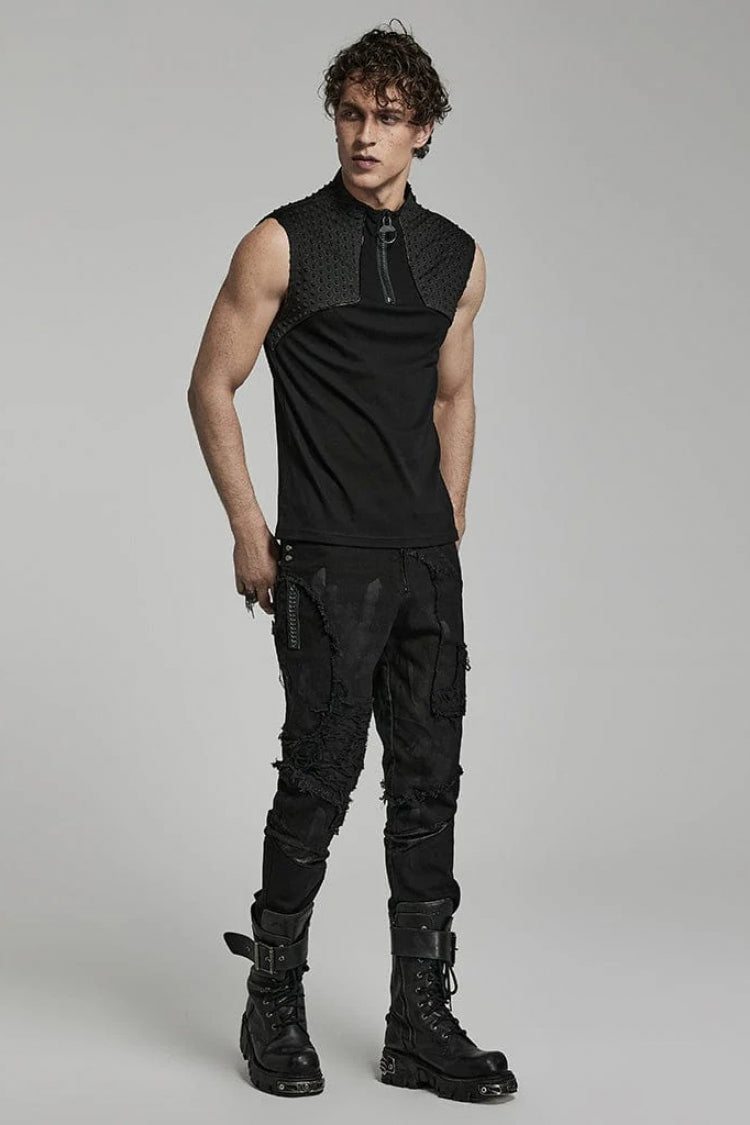 Black Sleeveless Stitching Zipper Mens Steampunk Vest