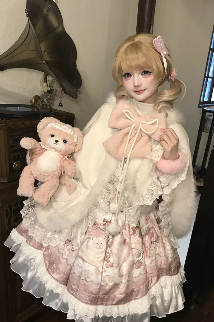 Ivory Cloud-Like Plush Bunny Ear Embroidered Bow Lace Sweet Lolita Cape Coat