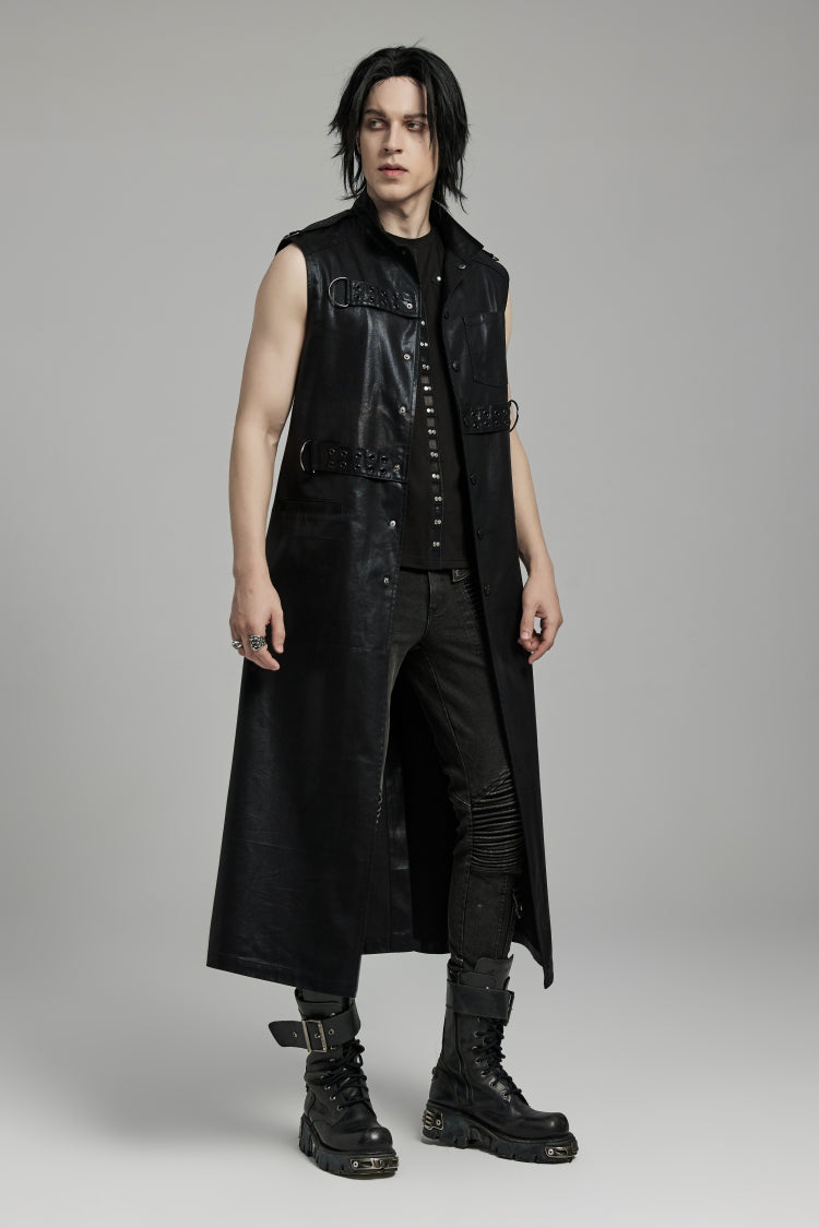 Black Stand Collar Sleeveless Faux Leather Men's Punk Long Vest