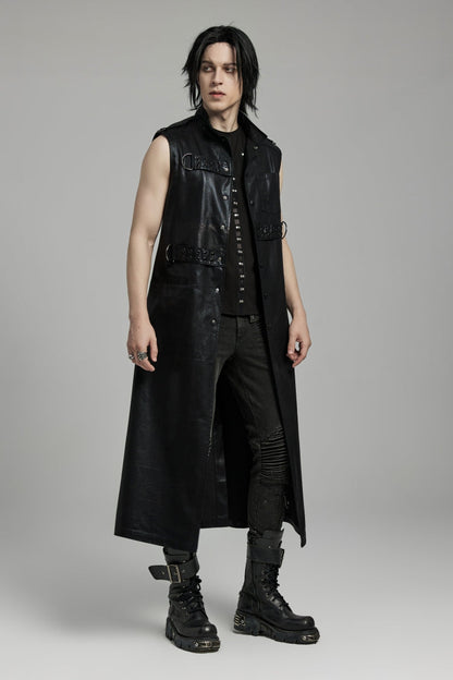 Black Stand Collar Sleeveless Faux Leather Men's Punk Long Vest