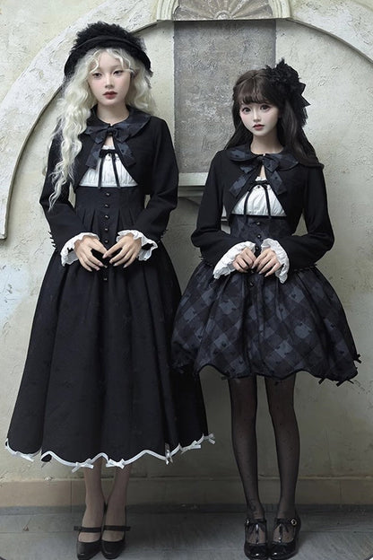 Black [Swan] Short Sleeves Plaid Print Sweet Elegant Princess Lolita Dress Short Version