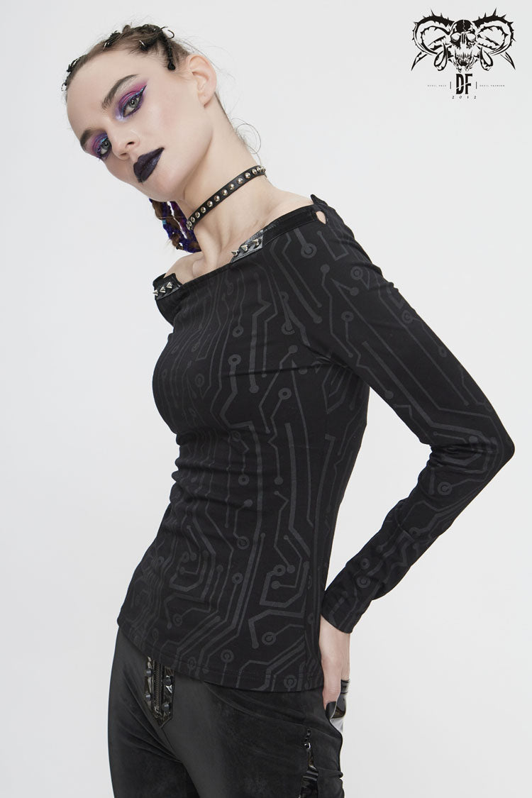 Black Printed Circuit Board Pattern Off-Shoulder Leather Strip Rivet Tight Women's Punk T-Shirt