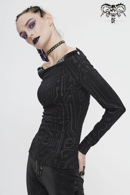 Black Printed Circuit Board Pattern Off-Shoulder Leather Strip Rivet Tight Women's Punk T-Shirt