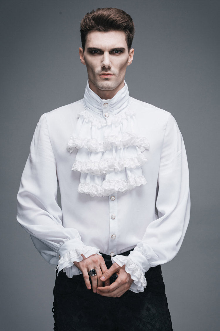 White Ruffled Lace Button-Up Micro-bullet Chiffon Long Sleeve Men's Gothic Shirt