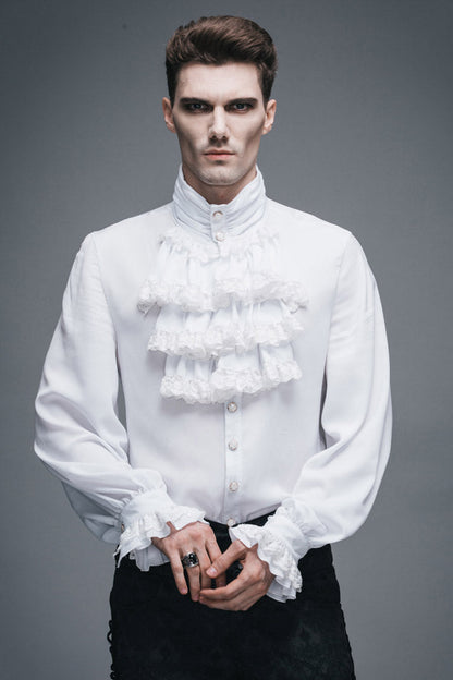 White Ruffled Lace Button-Up Micro-bullet Chiffon Long Sleeve Men's Gothic Shirt