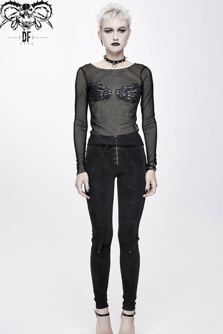 Black Round Collar Chest Skull Palm Long Sleeve Women's Punk Mesh Shirt
