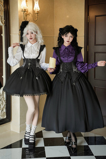 Black [Night of Thorns] Sleeveless Embroidery Lace-Up Gothic Lolita Strap Breast Support Dress 2 Versions