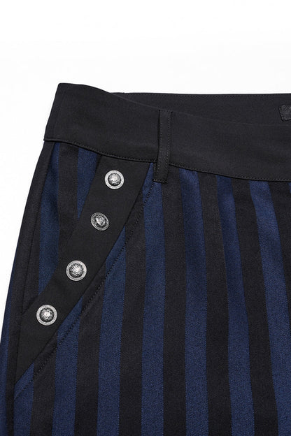 Black/Blue High Waisted Striped Print Men's Gothic Suit Pants