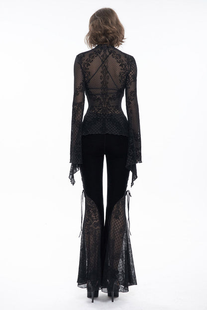 Black Velvet Mesh Splicing Metal Buttons Flared Sleeve Lace Women's Gothic T-Shirt