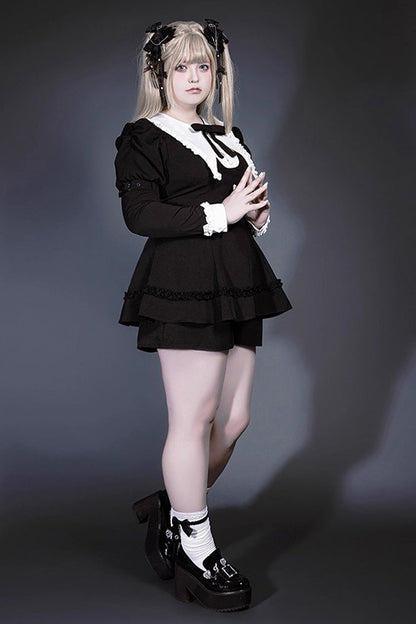 Black/White Long Sleeves Ruffle Bowknot Jirai Kei Japanese Witch Set
