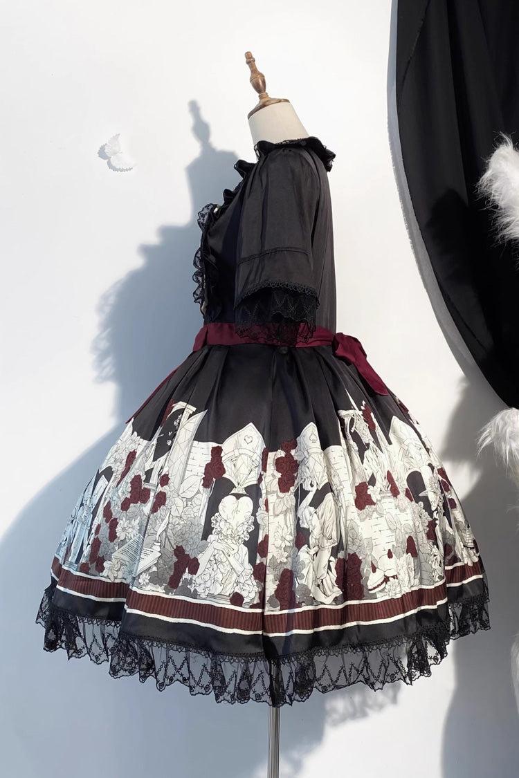 Black [Alice of the Asylum] Print Bowknot Lace Gothic Lolita Dress 2 Versions