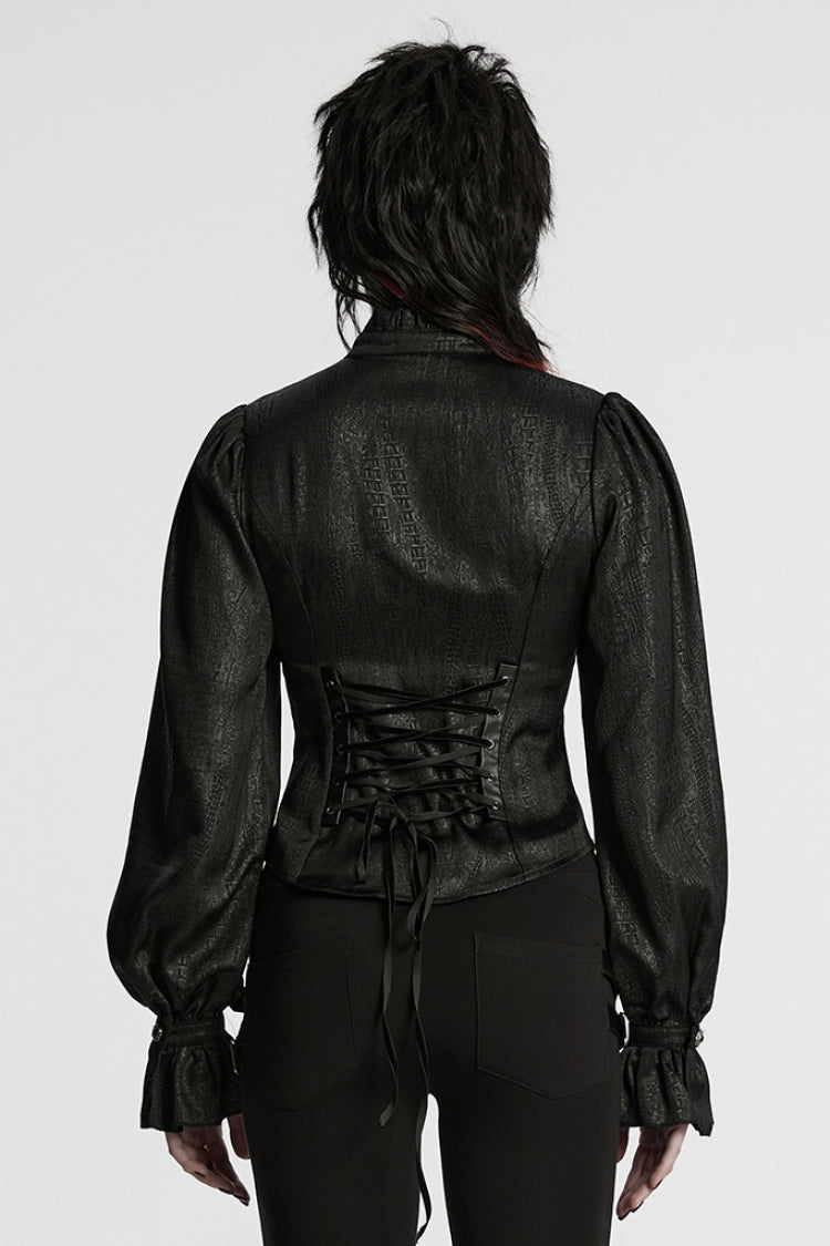 Black Stand Collar Long Puff Sleeves Faux Leather Stitching Women's Gothic Blouse
