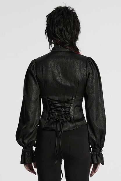 Black Stand Collar Long Puff Sleeves Faux Leather Stitching Women's Gothic Blouse