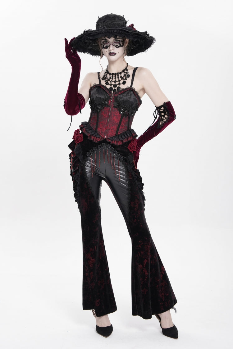 Black/Red  Ruffled Spliced Women's Gothic Floral Faux Leather&Velvet Ruffle Pants