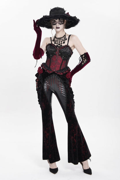Black/Red  Ruffled Spliced Women's Gothic Floral Faux Leather&Velvet Ruffle Pants