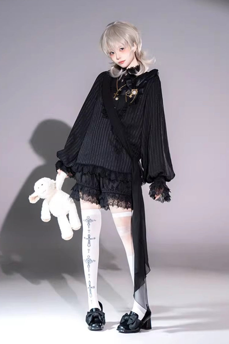 Black Stand Collar Long Short Sleeves Printed Ruffled Lace Gothic Ouji Lolita Set 2 Versions