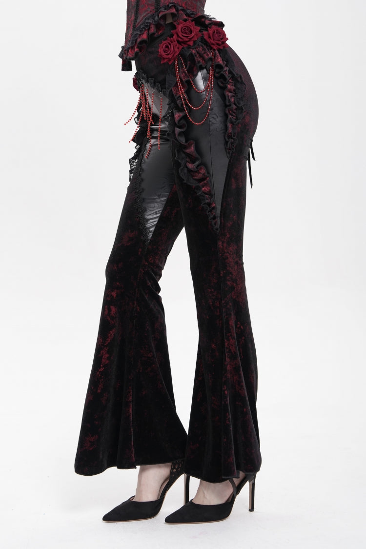 Black/Red  Ruffled Spliced Women's Gothic Floral Faux Leather&Velvet Ruffle Pants