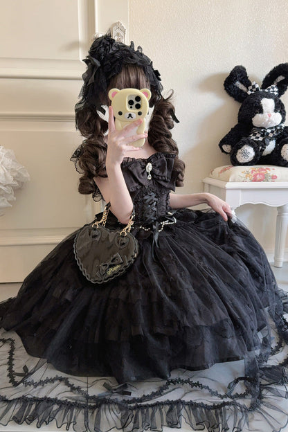 Black [Eternal Vow] Sleeveless Multi-Layered Ruffle Hanayome Bowknot Lace Lace-Up Gothic Lolita Jsk Dress
