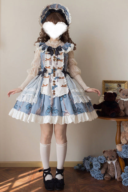 Blue [The Witch’s Banquet] Sleeveless Printed Ruffled Embroidered Bow Lace Sweet Lolita Jsk Dress