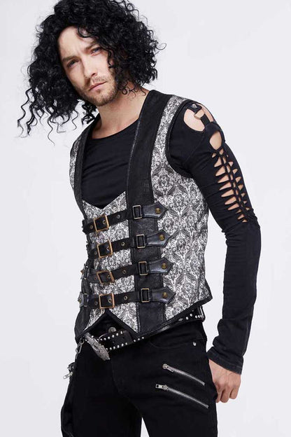Silver Back Lace Up Jacquard Splice Chest Loop Men's Punk Waistcoat