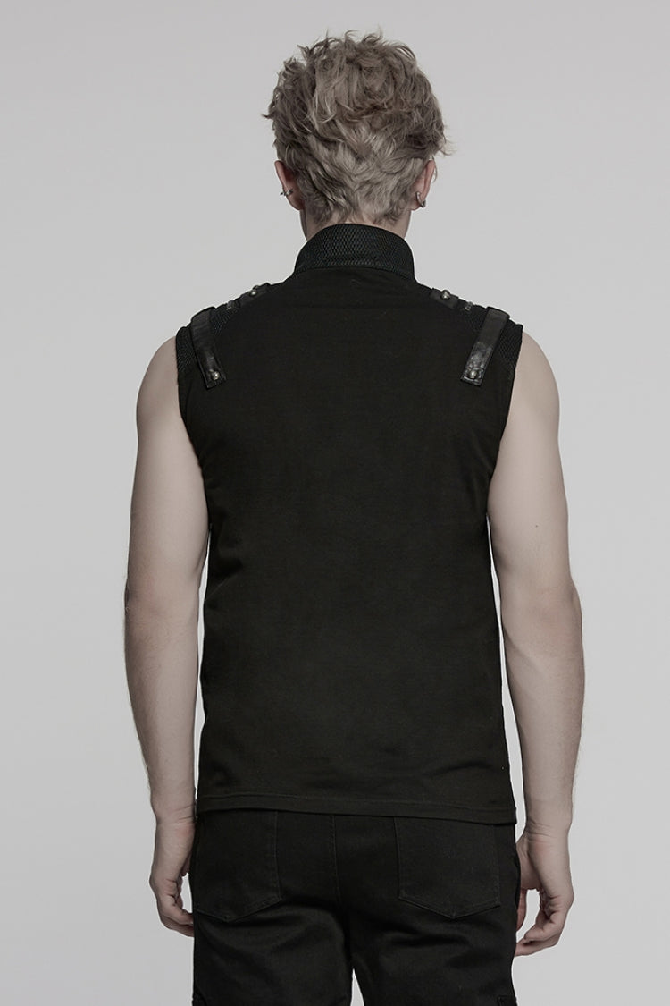 Black Stand Collar Sleeveless Stitching Mesh Zipper Men's Punk Vest