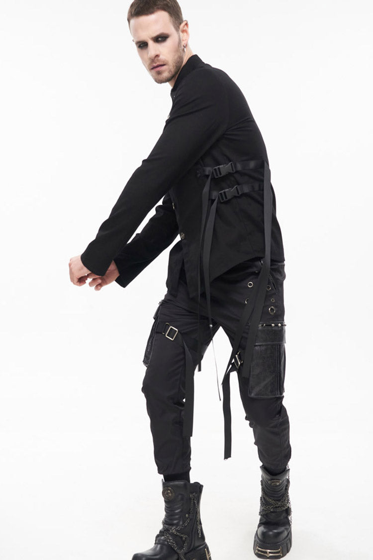 Black Punk Multi-Pocket Leather Splicing Metal Leg Ring Men's Pants