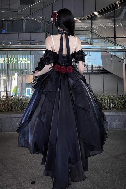 Black [Cindy Rose] Halterneck Sleeveless Ruffle Bowknot Gothic Elegant Lolita Jsk Dress