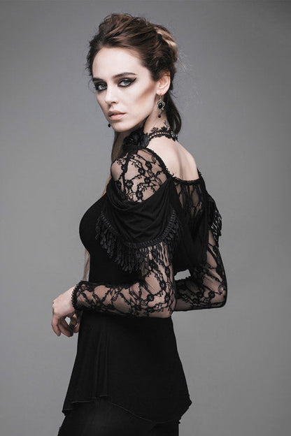 Black Rose Lace Long Sleeves Modal Womens Gothic T-Shirt
