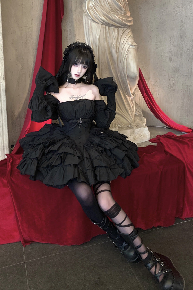 Black Sleeveless Triple-Layered Ruffle Bowknot Lace Gothic Princess Lolita Dress