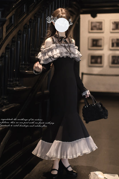 Black [Night Cherry Blossoms] Long Sleeves Ruffle Bowknot Daily Sweet Elegant Lolita Fishtail Dress